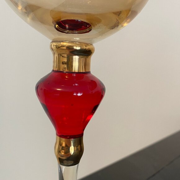 Vintage Pier 1 Amber Luster Glass Goblets with Gold Trim and Red Diamond Accent - Picture 5 of 5